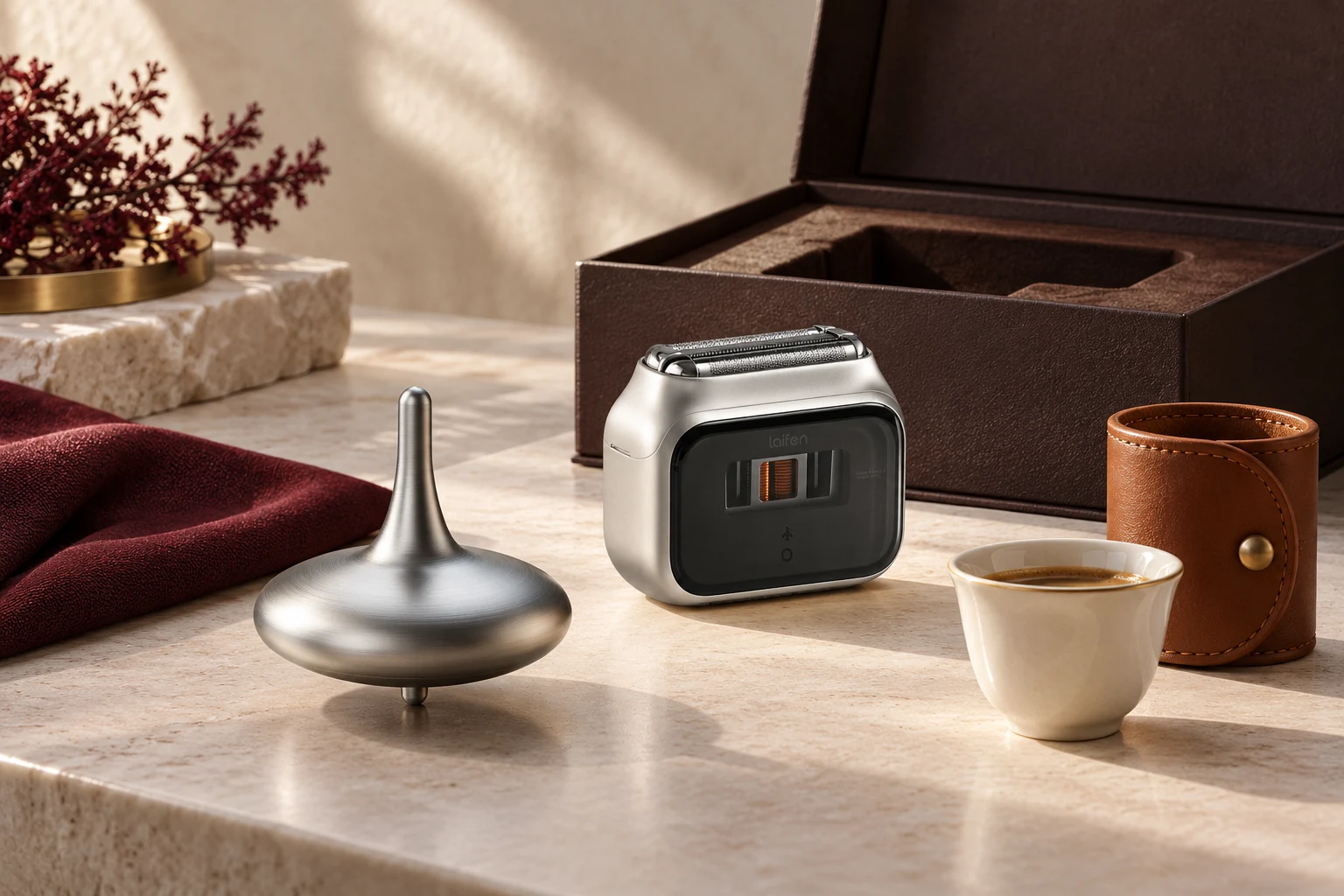 A premium corporate gift presentation with a Laifen shaver, kinetic metal top, ceramic finjan and leather